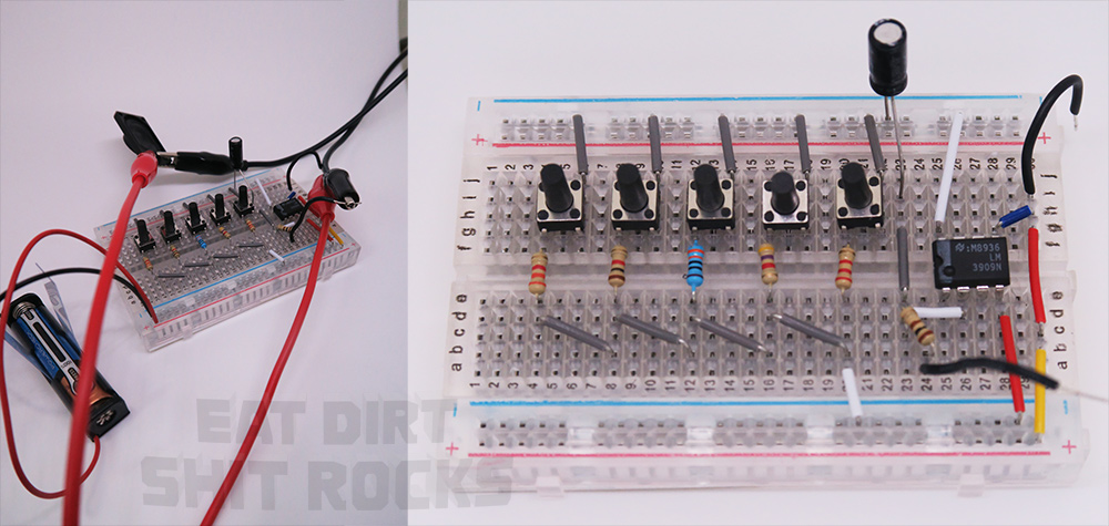 Mims's 3909-based toy organ assembled on a solderless breadboard, powered by a AAA battery and outputting to a 1W speaker.