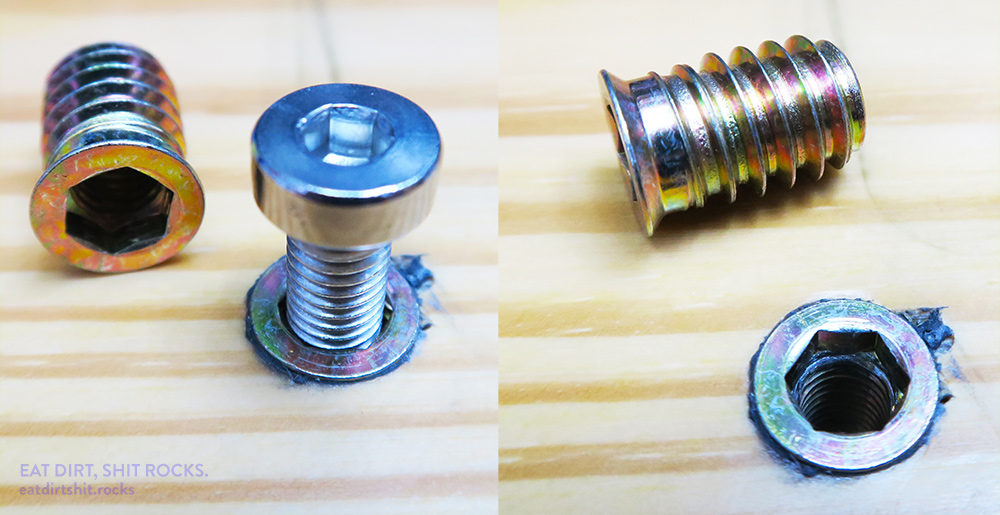 The dark halo around the head of the threaded insert is JB Weld KwikWeld.