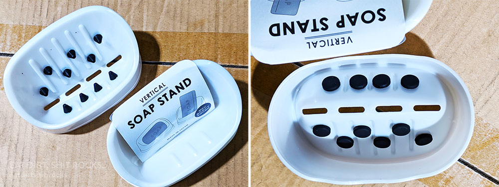 Partially modified and original, unmodified vertical soap holders side by side and a bottom-up view of the modified holder.
