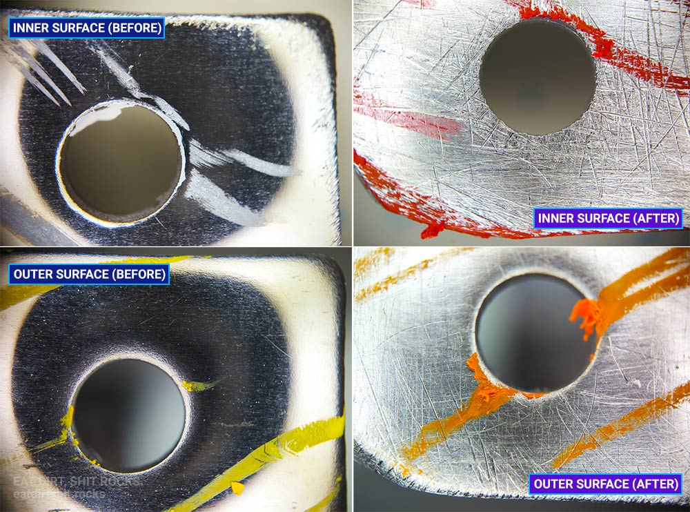 Zoomy photos of regions of the tong grippers, with wax pencil scribbles to make IDing the face easier (see human-eye-scale photo key below).
