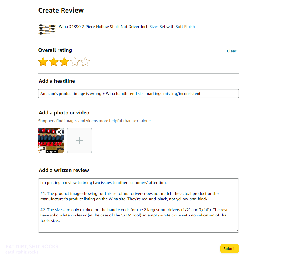 Here's a screencap of the review I submitted, in its entirety.