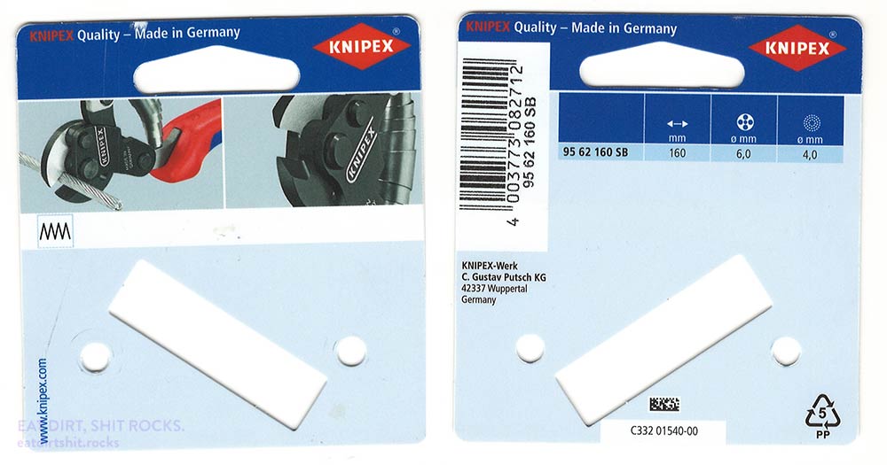 Knipex 95 62 160 wire rope cutter plastic hang card, front and back.