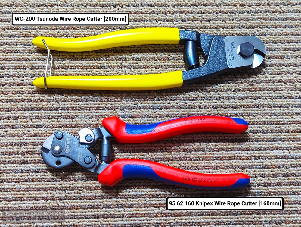 A 20cm-long Tsunoda WC-200 wire rope cutter and a 16cm-long Knipex 95 62 160 wire rope cutter.