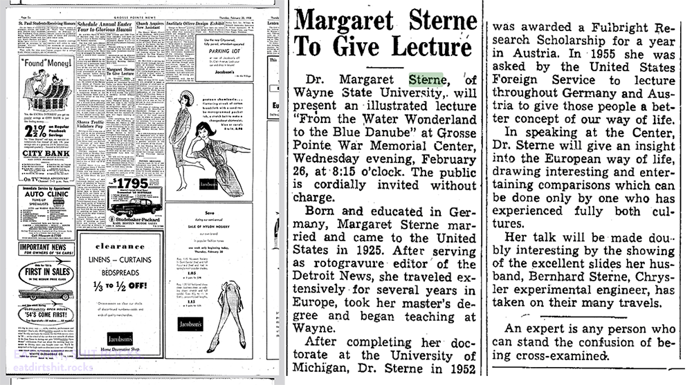 A piece in the Feb 20th, 1958 edition of the Gross Pointe News (serving Gross Pointe, Michigan) about a talk that a Dr. Margaret Sterne would be giving the coming Wednesday evening, to be accompanied by a slide show conducted by her husband, Chrysler experimental engineer Bernhard Sterne, of photos he'd taken during their many European vacations.