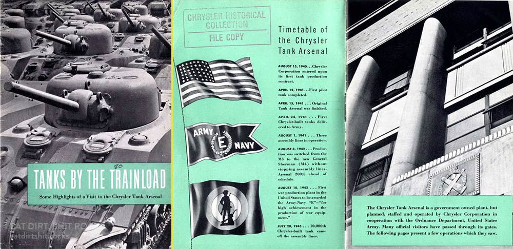 Screen capture of the cover and first couple of pages of a pamphlet promoting the role of the Chrysler Tank Arsenal in producing tanks for America and its allies in WW2.