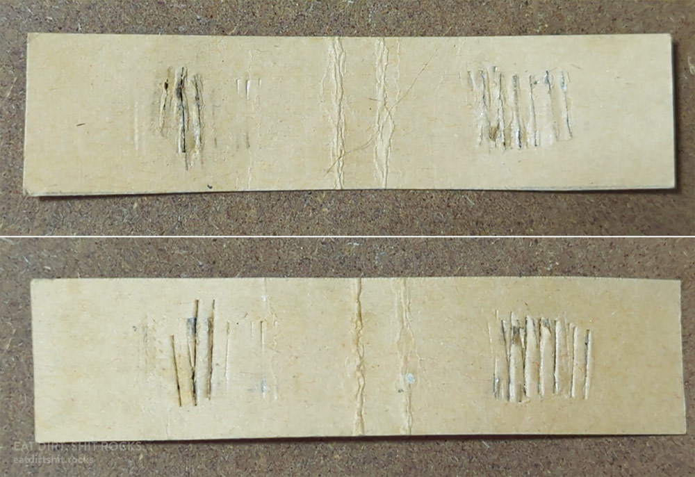 Both sides of a strip of thin cardboard that I wrapped around some stainless steel pipe at the spot where I applied the TwinGrip pliers.