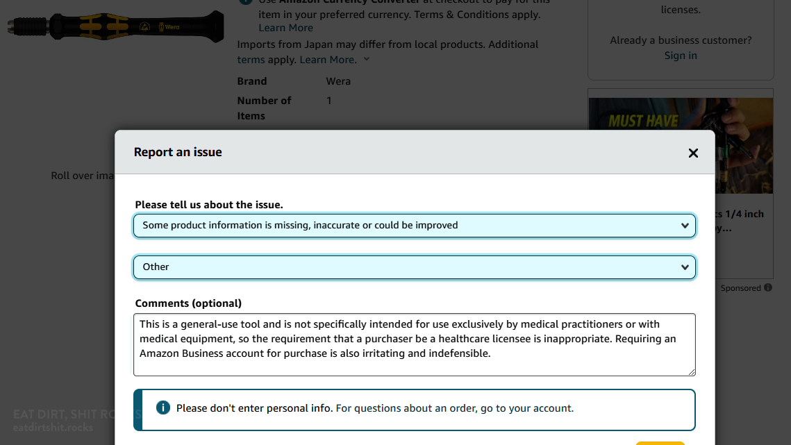 I've reported these spurious purchaser qualification requirements. Will Amazon fix this listing?