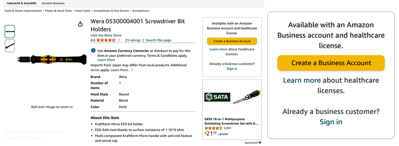The Amazon listing for a low-ESD screwdriver bit holder, with the Amazon business account requirement and the healthcare license requirement notice where the item price and the 'Add to Cart' and 'Buy Now' buttons would normally appear. Detail view of the same requirements block at right.