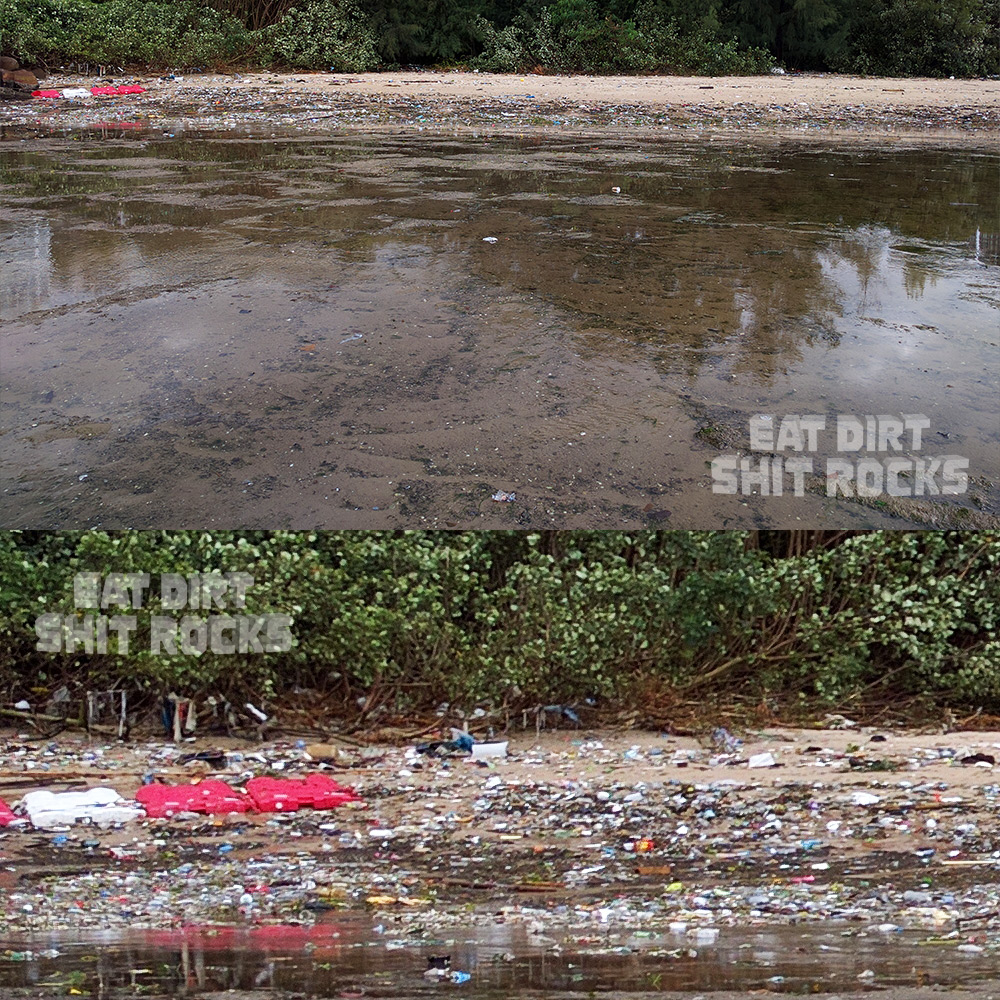 A view back towards shore from the tidal flat. At bottom, a zoomed-in view of the trash deposit at the bottom of the beach.